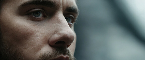 close-up of a man's face, looking off to the side