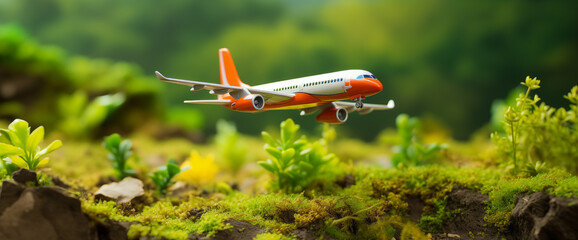 Toy Plane Flying Over Mini Landscape - Travel Adventure Campaign.