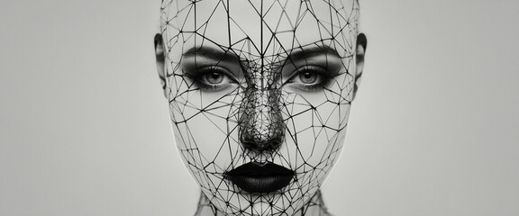 A futuristic depiction of a default face with geometric patterns and a monochrome theme, panorama, banner with copy space for text