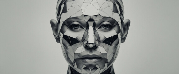 woman's face covered in shattered glass, portrait against a plain background