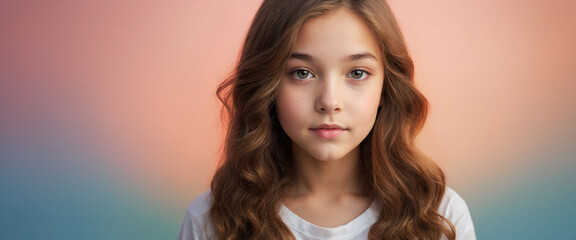 Fototapeta premium A young girl with long brown hair against a blurred pink and blue background