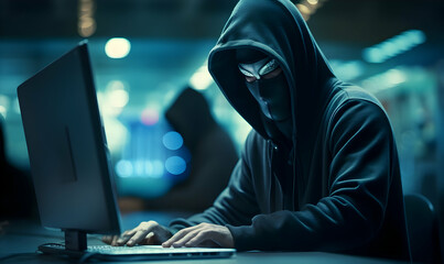 Male criminal wearing mask and hood to hack computer system, breaking into company servers to steal...