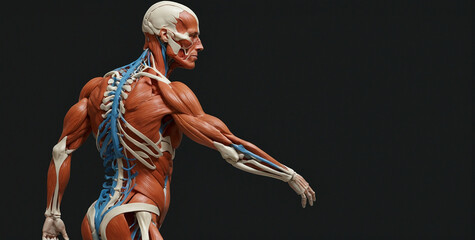 A detailed anatomical model of the human body, showcasing the muscles, bones, and nerves