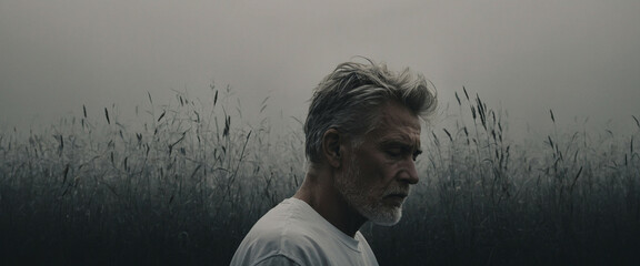 A man with a sad face against a field of tall grass on a foggy morning