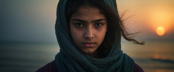 A Gulf Countries teen on a beach at sunset