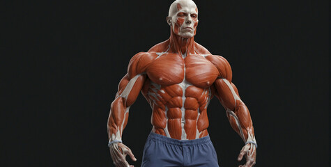 Detailed human anatomy showing full muscular structure in a neutral pose