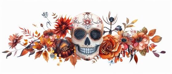 Illustration, Halloween floral skull, autumnal flowers, autumn pumpkin, Dia de los Muertos, festive clip art isolated on white