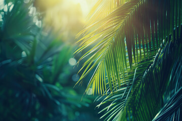 Palm tree leaves framing a tropical scenery. Slide background image. Created with Generative AI technology. - obrazy, fototapety, plakaty