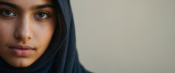 Arab teen wearing a dark headscarf against a neutral background