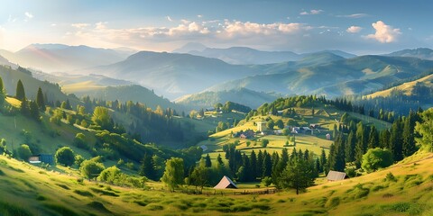 A wide-angle perspective reveals the Carpathian Mountains, where lush meadows and tiny villages find shelter within their valleys.






