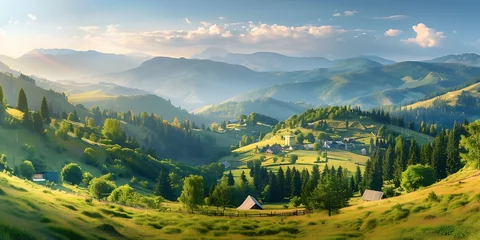 Zelfklevend Fotobehang A wide-angle perspective reveals the Carpathian Mountains, where lush meadows and tiny villages find shelter within their valleys.        © AH