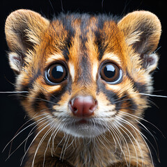 Close-up of a digital rendering of a cute, furry animal with large, expressive eyes against a black...