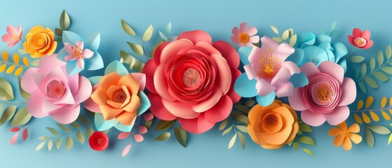 An isolated clip art image of a bouquet with paper flowers, a bright color palette, a botanical background, an isolated 3D render, and a floral border are shown.