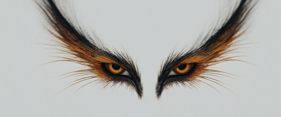 A pair of orange eyes with long black and orange feathers