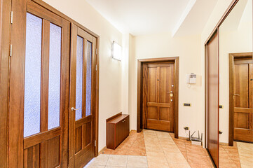 standard room interior apartment. room doors, renovation corridor lobby entrance hall