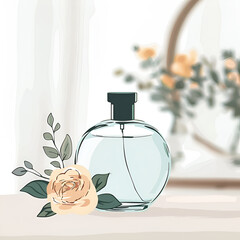 Illustration of a perfume bottle with a floral arrangement in a delicate interior setting.