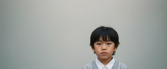 A young Japanese boy in a grey sweater against a plain background