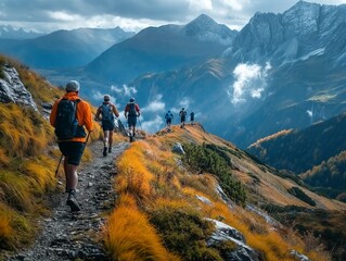 Fototapeta premium Group of trail runners running along heigh mountain ridge top