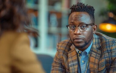 A man wearing glasses and a plaid jacket is talking to a woman. The man is looking at the woman with a serious expression
