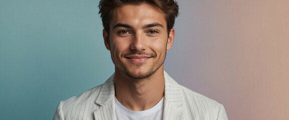 A young man smiling warmly against a soft gradient backdrop