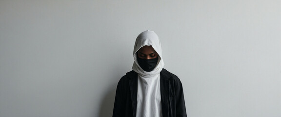 A person wearing a white hoodie and a black face mask in front of a white wall