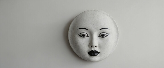 Artistic representation of a white mask on a grey wall