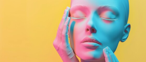 This 3D render features a female mannequin head, eyes closed by hands, a blind concept, an isolated object, a minimal fashion background, and a shop display using pastel pink blue yellow shades. - obrazy, fototapety, plakaty