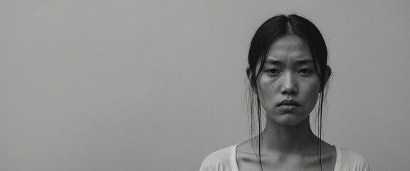 A young woman with a sad expression against a plain background