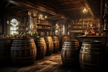 A room packed with traditional wooden barrels used for storing drinks in a factory setting. Generative AI