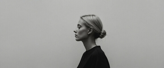 A woman with her hair pulled back in front of a white wall