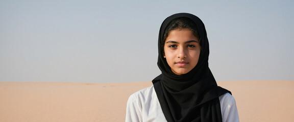 A young girl in traditional attire in the daytime Gulf desert