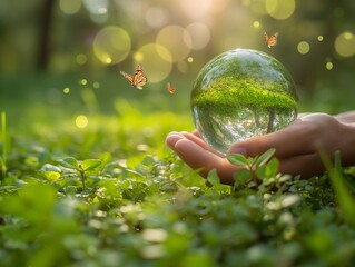 Earth crystal glass globe ball in human hand, flying butterflys, green grass background