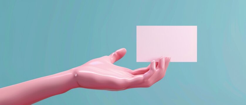 Rendering: pink hand holding blank card on abstract fashion background. Retail display, mannequin body part, exhibition, show.