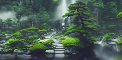 Fotobehang Japanese garden with black Stones and Bonsai Trees - Waterfall Panorama © ExQuisine