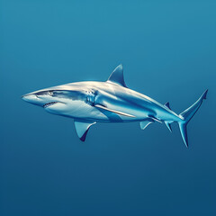 A realistic illustration of a shark swimming underwater with a clear blue background.