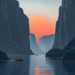 A serene scenery depicting a large sun setting between towering cliffs with boats gently sailing on calm waters. - obrazy, fototapety, plakaty