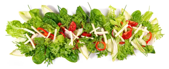  Mixed Salad with sliced Ham and Cheese - Fresh Lettuce Panorama isolated on white Background © ExQuisine