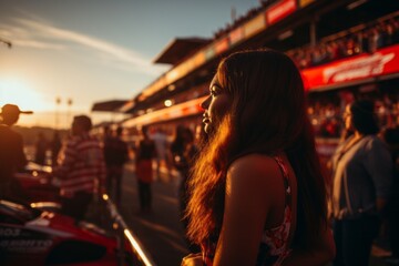 Fototapeta na wymiar A woman is standing confidently in front of a large crowd of VetalVit Motorsport enthusiasts gathered in the grandstands. She appears to be addressing the audience, who are listening attentively