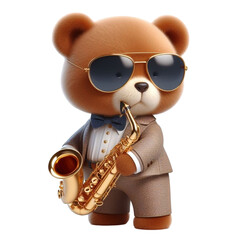 A cute bear wearing sunglasses stands and plays the saxophone.  3D render 