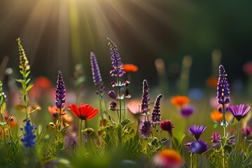Colorful flower meadow with sunbeams and bokeh lights in summer - nature background banner with copy space - summer greeting card wildflowers spring concept Generative AI