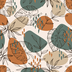 Doodle seamless pattern with tropic leaves. Vector illustration. Great for textile, decor and printed products.