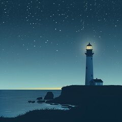 A serene night scene with a lighthouse by the sea under a starry sky.