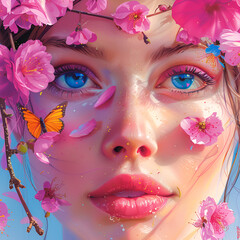 Close-up of a stylized female face with blue eyes, surrounded by pink blossoms and a butterfly.