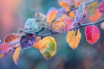 A closeup of colorful leaves on an autumn ice branch, with frost covering the petals and branches