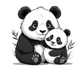 Illustration of a cute baby panda with his mother  isolated on a white background