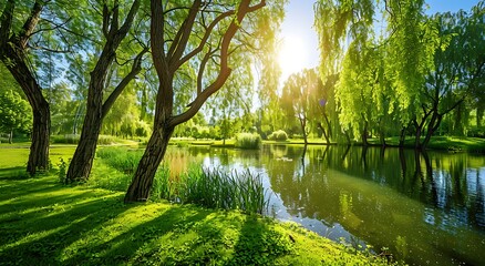 Beautiful green trees and grass in the park with a river, sunlight shining through willow tree...
