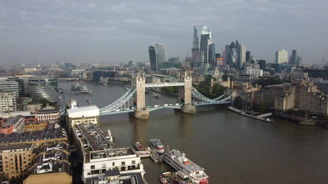 London Skyline, Aerial View Shot of London UK, United Kingdom, day, daytime, Shard Tower Bridge Tower of London 4k clip