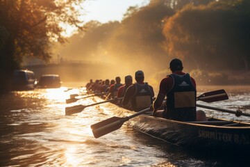 A group of rowers sit in a long boat, propelled by oars, as they navigate the waters of a river. The rowers are accompanied by supporters lining the riverbank, urging them on