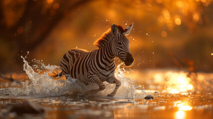 Fototapeta na wymiar A zebra run across ponds,golden hour,generative ai