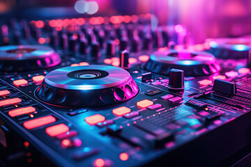 console DJ mixer with turntable in nightclub in booth